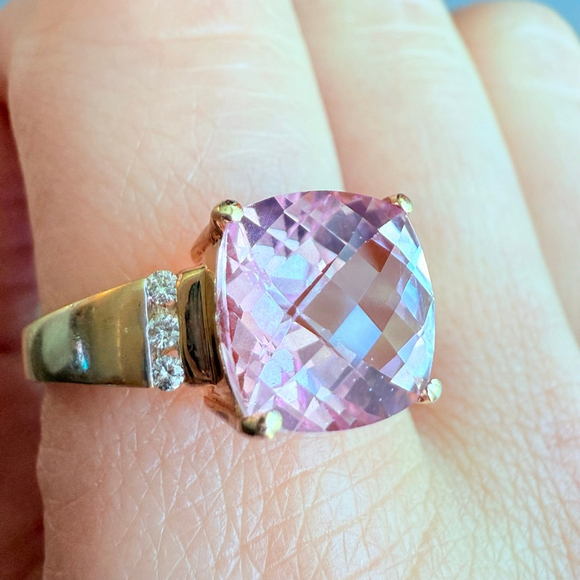 Estate 14K Solid Yellow Gold 4.6 CT Natural Pink Topaz Diamond Chatelaine Ring - Picture 10 of 12